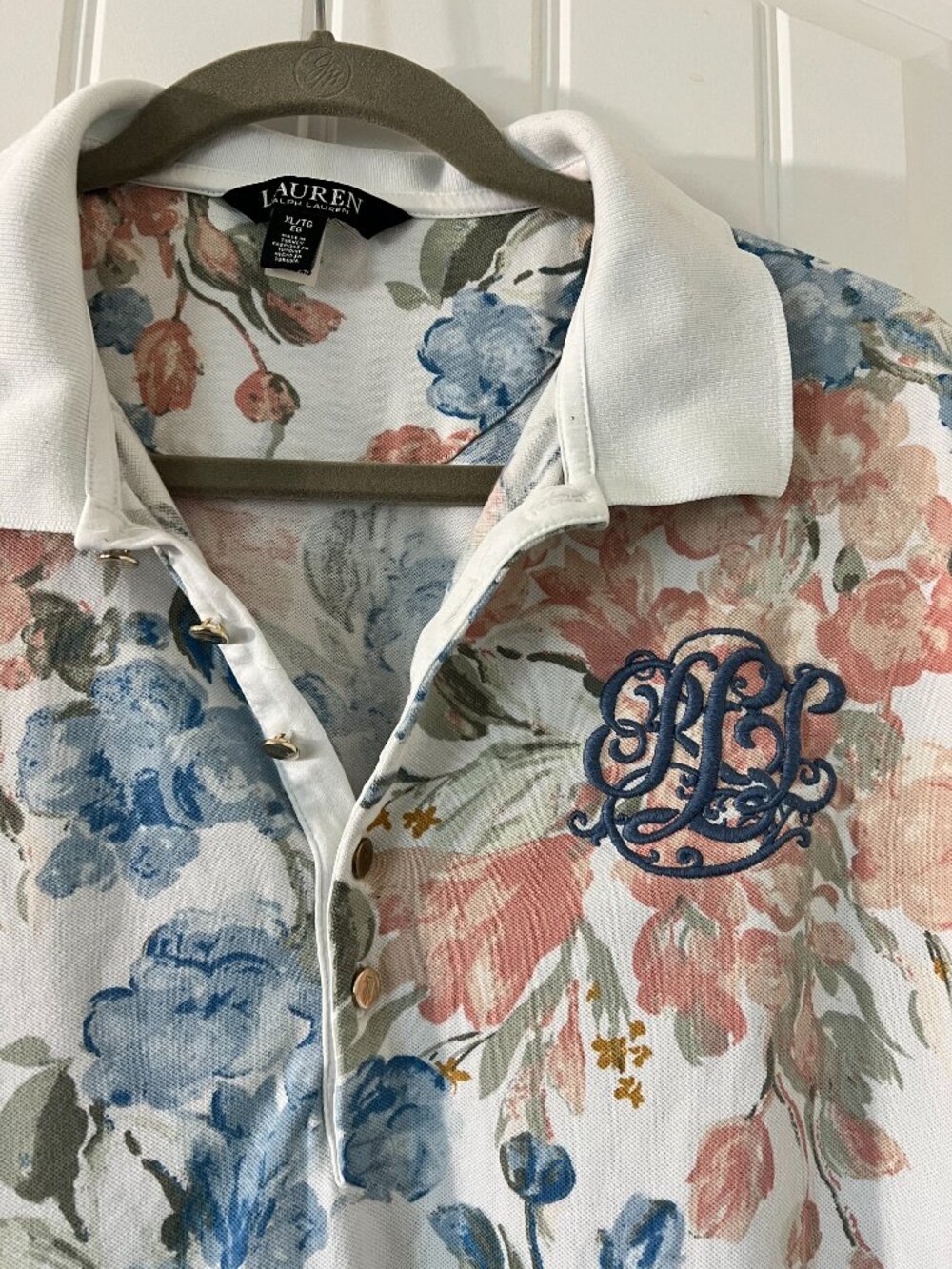 Lauren Ralph Lauren Floral Piqué Polo Shirt XL Pink Blue Embroidered Monogram